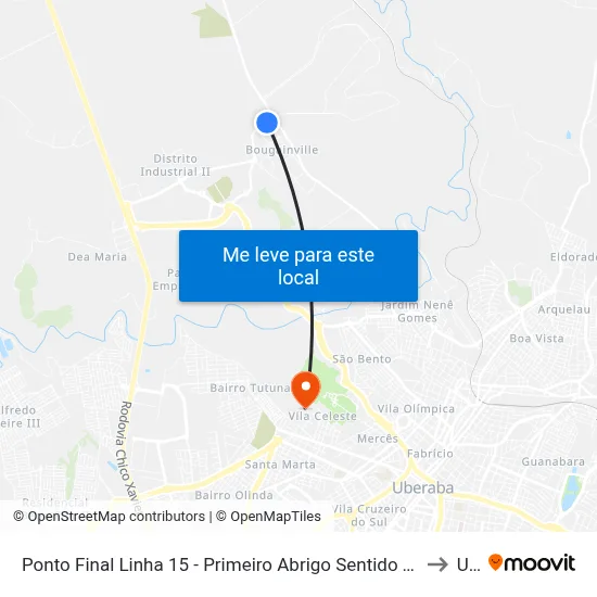 Ponto Final Linha 15 - Primeiro Abrigo Sentido Terminal Oeste (Chácaras Bouganville) to Uftm map