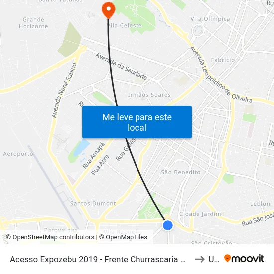 Acesso Expozebu 2019 - Frente Churrascaria Rodeio (Av. Tonico Dos Santos) to Uftm map