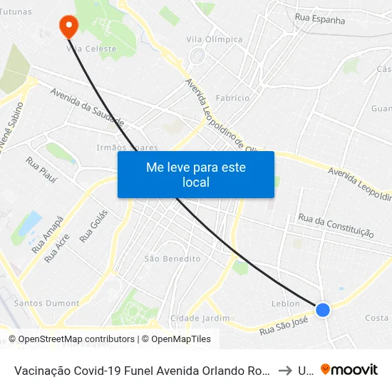 Vacinação Covid-19 Funel Avenida Orlando Rodrigues Da Cunha, 1700-1722 to Uftm map