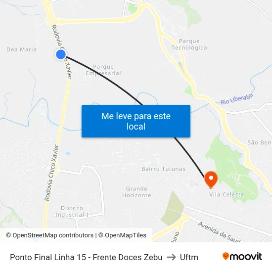 Ponto Final Linha 15 - Frente Doces Zebu to Uftm map