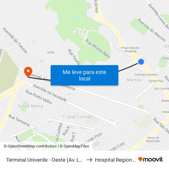 Terminal Univerde - Oeste (Av. Leopoldino De Oliveira, 5100) to Hospital Regional José Alencar map