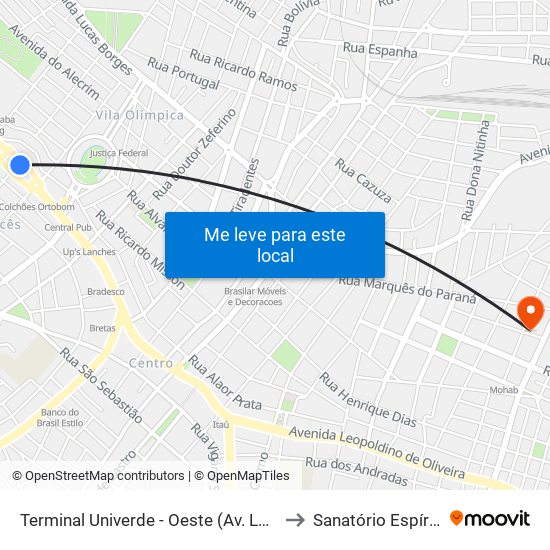 Terminal Univerde - Oeste (Av. Leopoldino De Oliveira, 5100) to Sanatório Espírita de Uberaba map