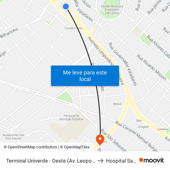 Terminal Univerde - Oeste (Av. Leopoldino De Oliveira, 5100) to Hospital Santa Lúcia map