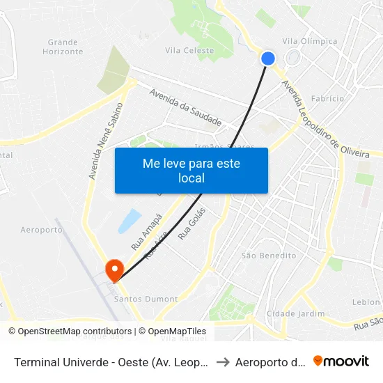 Terminal Univerde - Oeste (Av. Leopoldino De Oliveira, 5100) to Aeroporto de Uberaba map