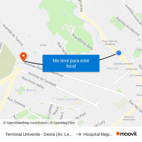 Terminal Univerde - Oeste (Av. Leopoldino De Oliveira, 5100) to Hospital Regional Uberaba map