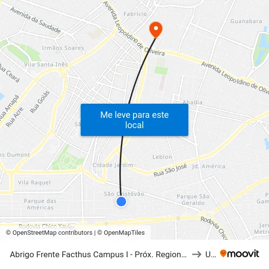 Abrigo Frente Facthus Campus I - Próx. Regional De Saúde São Cristóvão / Sentido Terminal Gameleiras (Rua Manoel Gonçalves Rezende) to Uberaba map