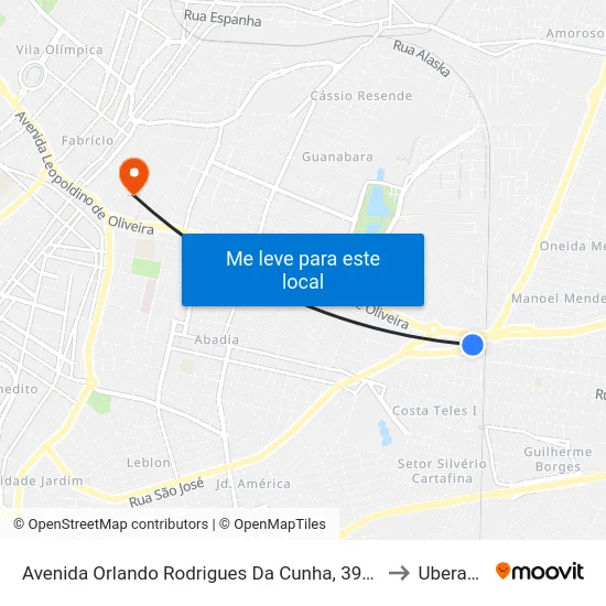 Avenida Orlando Rodrigues Da Cunha, 3999 to Uberaba map