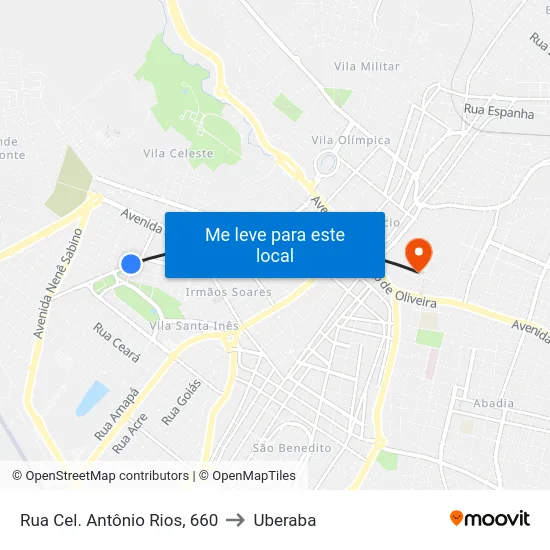Rua Cel. Antônio Rios, 660 to Uberaba map