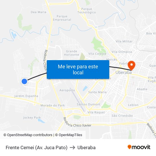 Frente Cemei (Av. Juca Pato) to Uberaba map