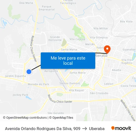 Avenida Orlando Rodrigues Da Silva, 909 to Uberaba map