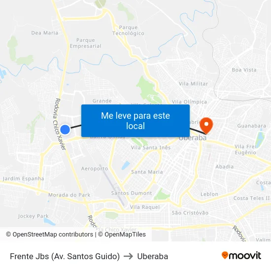 Frente Jbs (Av. Santos Guido) to Uberaba map