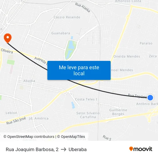 Rua Joaquim Barbosa, 2 to Uberaba map