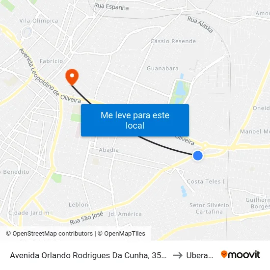 Avenida Orlando Rodrigues Da Cunha, 3515 to Uberaba map