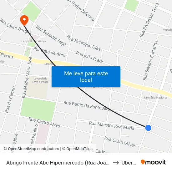 Abrigo Frente Abc Hipermercado (Rua João Alfredo) to Uberaba map