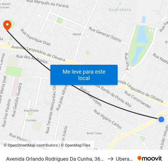 Avenida Orlando Rodrigues Da Cunha, 3620 to Uberaba map