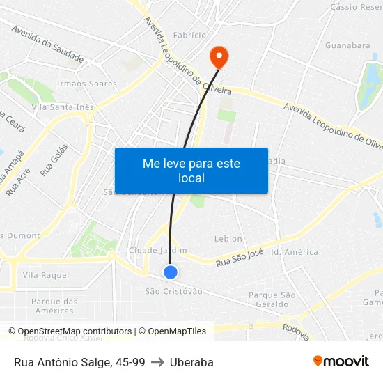 Rua Antônio Salge, 45-99 to Uberaba map
