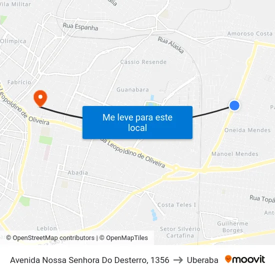 Avenida Nossa Senhora Do Desterro, 1356 to Uberaba map