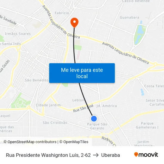 Rua Presidente Washignton Luís, 2-62 to Uberaba map