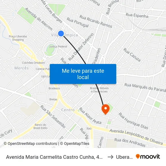 Avenida Maria Carmelita Castro Cunha, 450-566 to Uberaba map