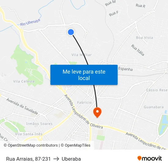 Rua Arraias, 87-231 to Uberaba map