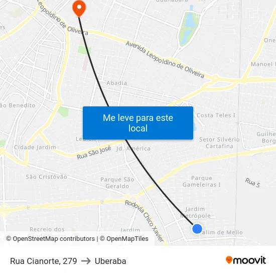 Rua Cianorte, 279 to Uberaba map