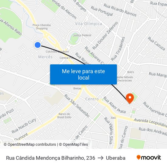 Rua Cândida Mendonça Bilharinho, 236 to Uberaba map