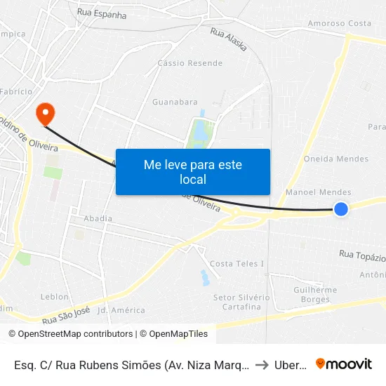 Esq. C/ Rua Rubens Simões (Av. Niza Marquez Guaritá) to Uberaba map