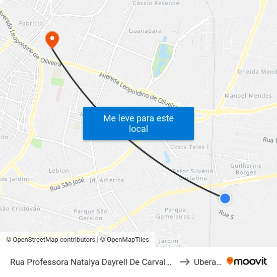 Rua Professora Natalya Dayrell De Carvalho, 128 to Uberaba map