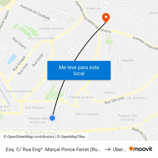Esq. C/ Rua Engº. Marçal Ponce Ferret (Rua José Silveira) to Uberaba map