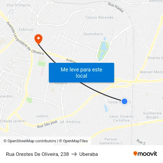 Rua Orestes De Oliveira, 238 to Uberaba map