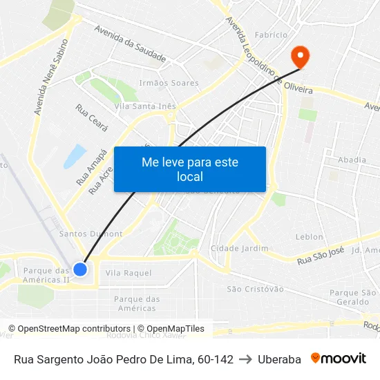 Rua Sargento João Pedro De Lima, 60-142 to Uberaba map