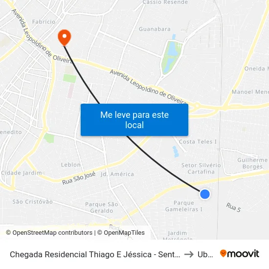 Chegada Residencial Thiago E Jéssica - Sentido Parque Das Aroeiras (Rua D) to Uberaba map