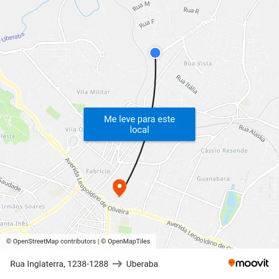 Rua Inglaterra, 1238-1288 to Uberaba map