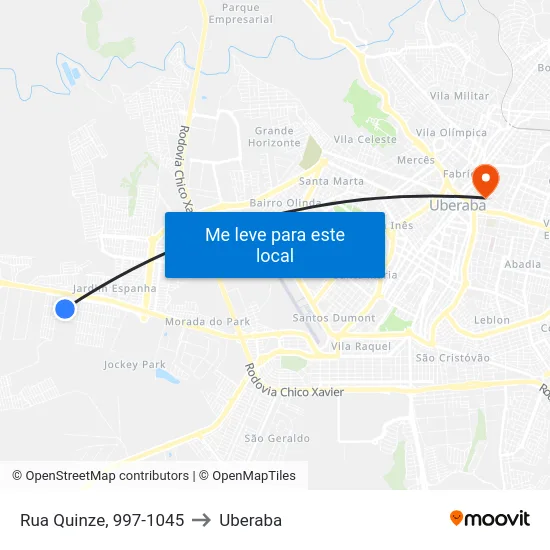 Rua Quinze, 997-1045 to Uberaba map