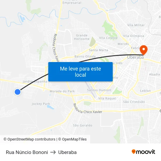 Rua Núncio Bononi to Uberaba map