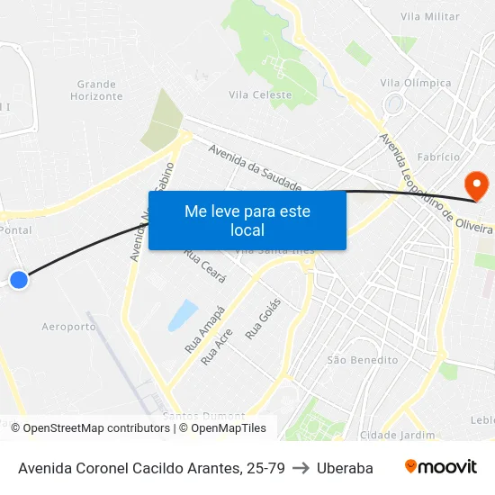 Avenida Coronel Cacildo Arantes, 25-79 to Uberaba map