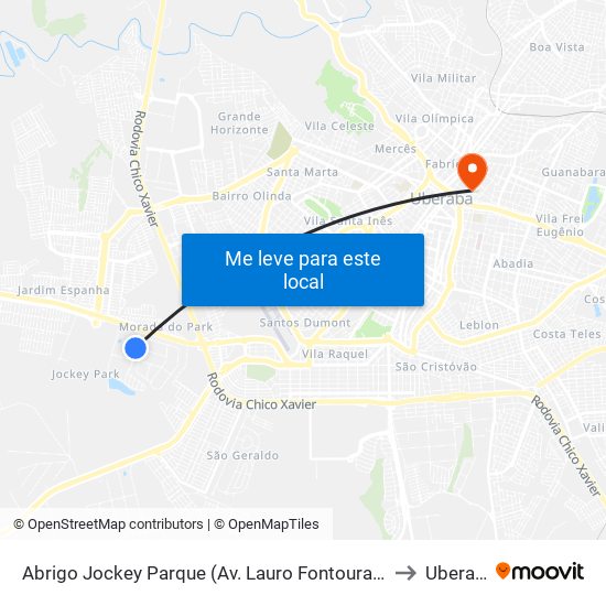 Abrigo Jockey Parque (Av. Lauro Fontoura Júnior) to Uberaba map