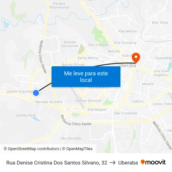 Rua Denise Cristina Dos Santos Silvano, 32 to Uberaba map
