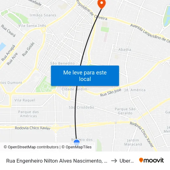 Rua Engenheiro Nilton Alves Nascimento, 335-487 to Uberaba map