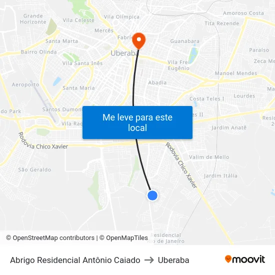 Abrigo Residencial Antônio Caiado to Uberaba map