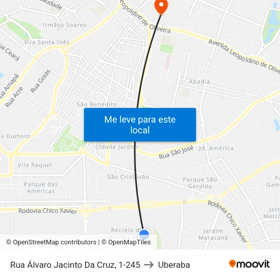 Rua Álvaro Jacinto Da Cruz, 1-245 to Uberaba map