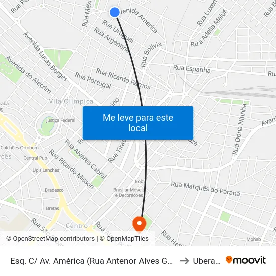Esq. C/ Av. América (Rua Antenor Alves Gomes) to Uberaba map