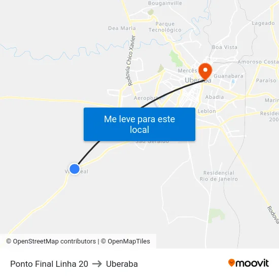 Ponto Final Linha 20 to Uberaba map