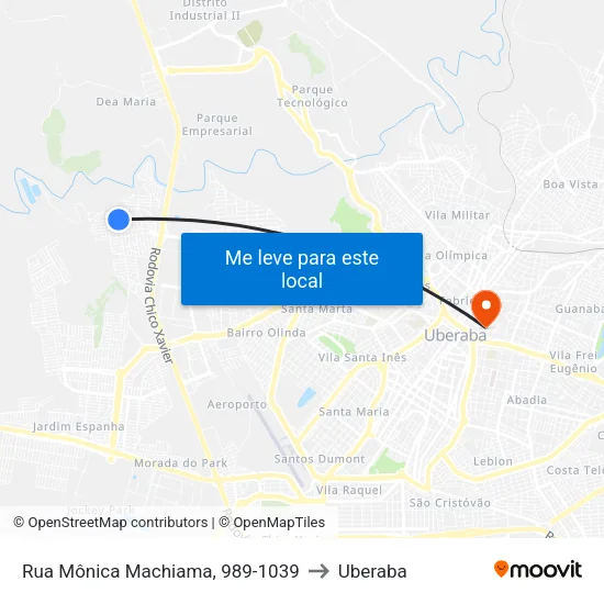Rua Mônica Machiama, 989-1039 to Uberaba map