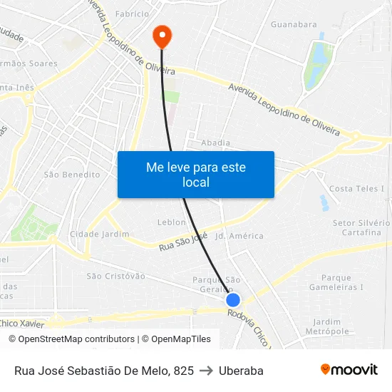Rua José Sebastião De Melo, 825 to Uberaba map
