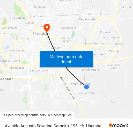 Avenida Augusto Severino Carneiro, 195 to Uberaba map