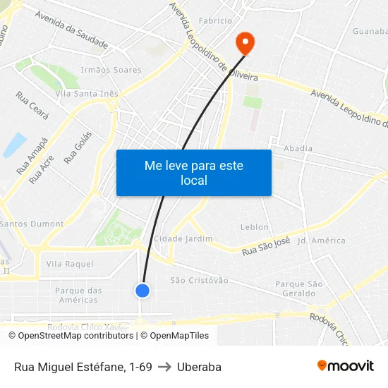 Rua Miguel Estéfane, 1-69 to Uberaba map