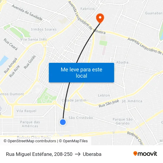 Rua Miguel Estéfane, 208-250 to Uberaba map