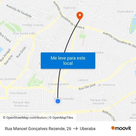 Rua Manoel Gonçalves Rezende, 26 to Uberaba map