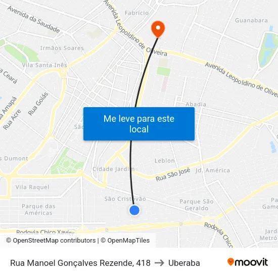 Rua Manoel Gonçalves Rezende, 418 to Uberaba map